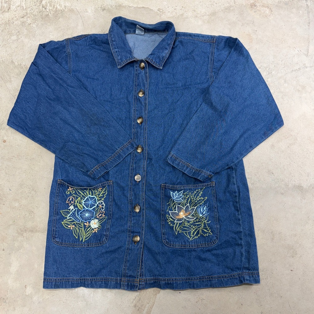 Denim Jazz Embroidered Floral Jean‎ Jacket Shirt Button Front Women's L VTG